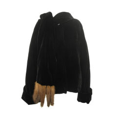 Antique 1930s Black Velvet Jacket with Mink Tail Wrap Collar