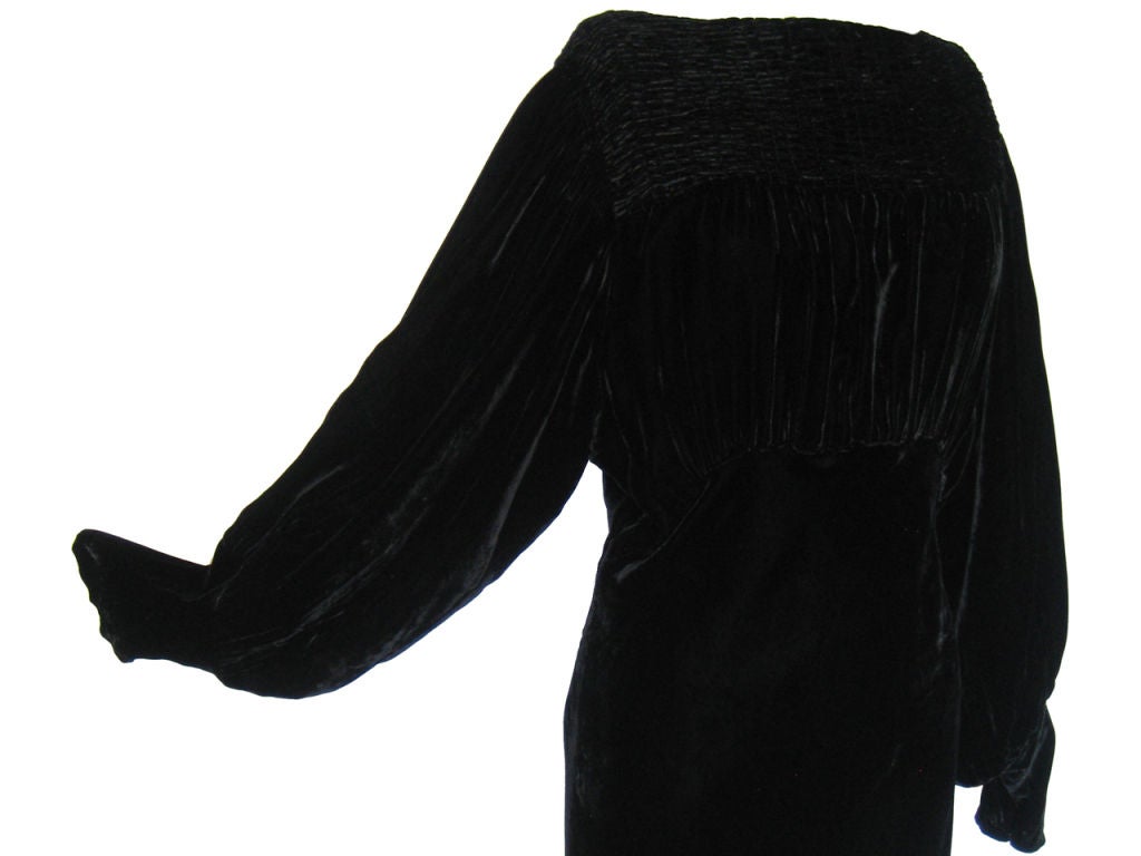 1930s Silk Velvet Gown w/ Smocked Bodice For Sale 1