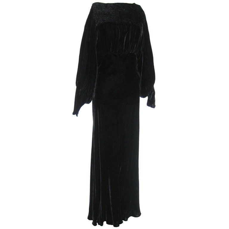 1930s Silk Velvet Gown w/ Smocked Bodice For Sale