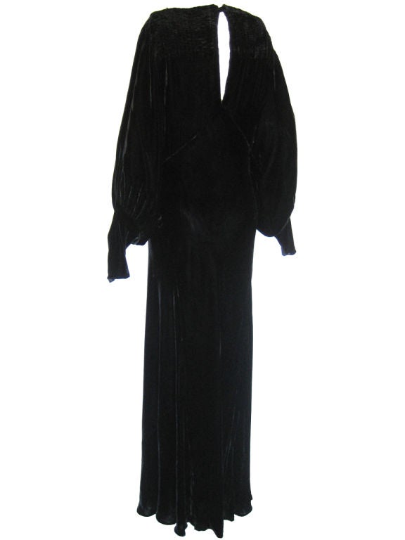 Women's 1930s Silk Velvet Gown w/ Smocked Bodice For Sale