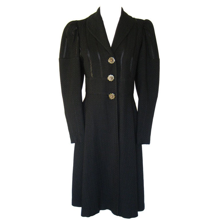 1930s Black Dress Coat w/ Bakelite Buttons For Sale