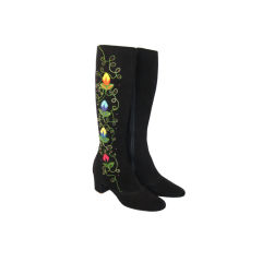1970s Embroidered Black Suede Boots, sz 10