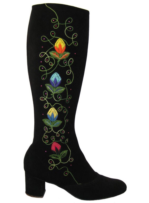 1970s Embroidered Black Suede Boots, sz 10