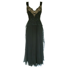 Vintage 1940s Black Silk Gown w/ Illusion Lace, Howard Greer Attribution