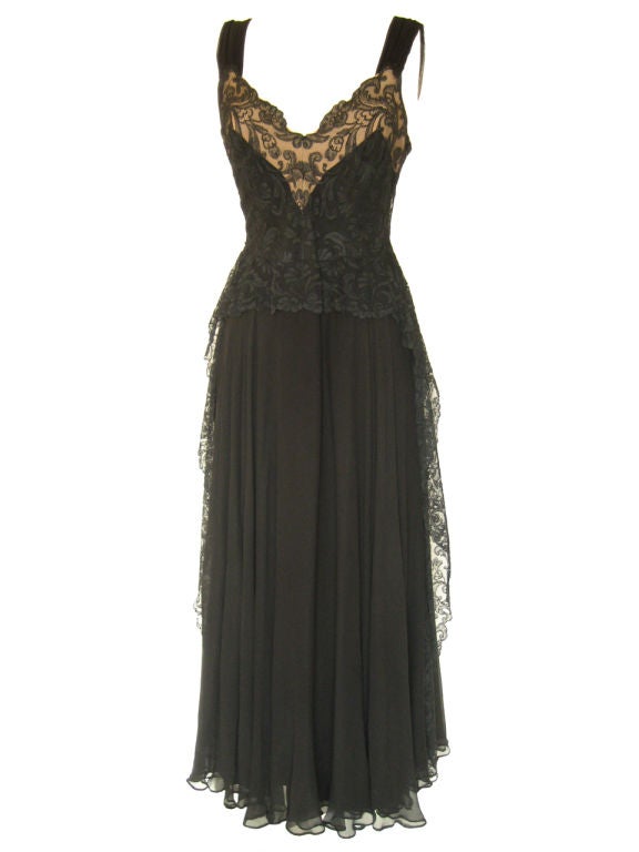 1940s Black Silk Gown w/ Illusion Lace, Howard Greer Attribution