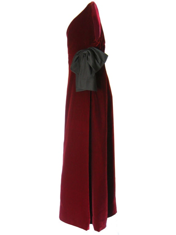 1960s Donald Brooks Red Velvet One-Shoulder Gown