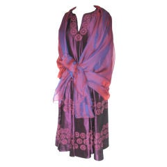 1950s Changeant Silk Dress w/ Ethnic Embroidery & Sheer Wrap