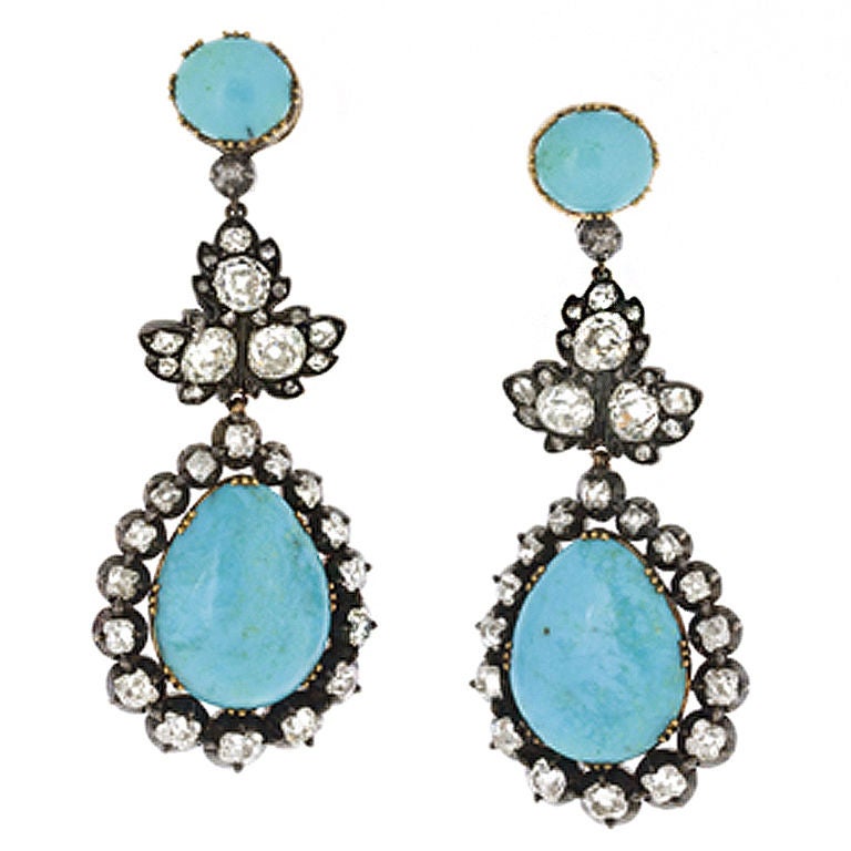 Victorian Turquoise Diamond Silver Gold Earrings and Brooch For Sale at ...