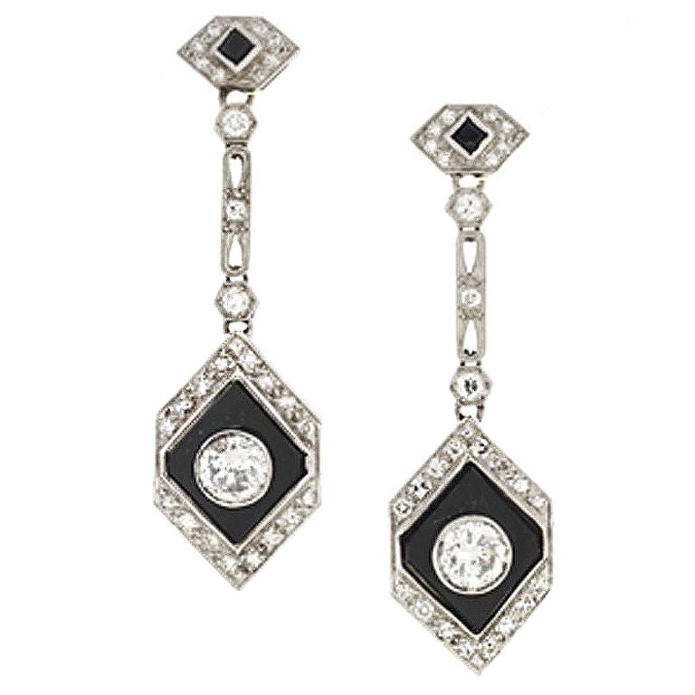 Art Deco Onyx Diamond Platinum Earrings For Sale