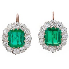 Exquisite Edwardian Emerald, Diamond, Platinum & Gold Earrings