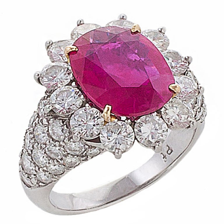 AGTA Certified 4.25 Carat Burma Ruby, 3.30 Carats Diamond & Platinum Ring For Sale