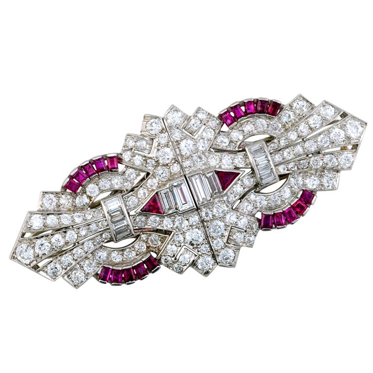 Art Deco Diamond, Ruby and Platinum Clips/Brooch at 1stdibs