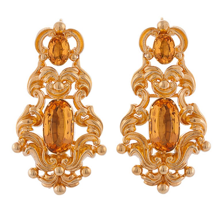 Georgian 9.50 Carats Precious Topaz, 18 Karat Bloomed Gold Baroque Earrings For Sale