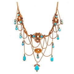 French Turquoise, Pearl & Gold Bib Necklace