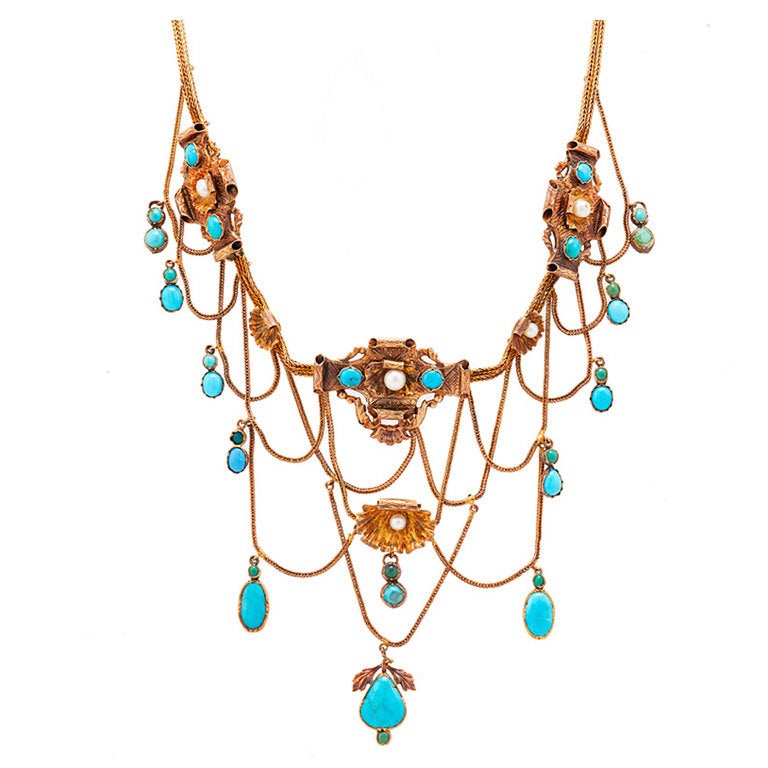 French Turquoise, Pearl & Gold Bib Necklace For Sale