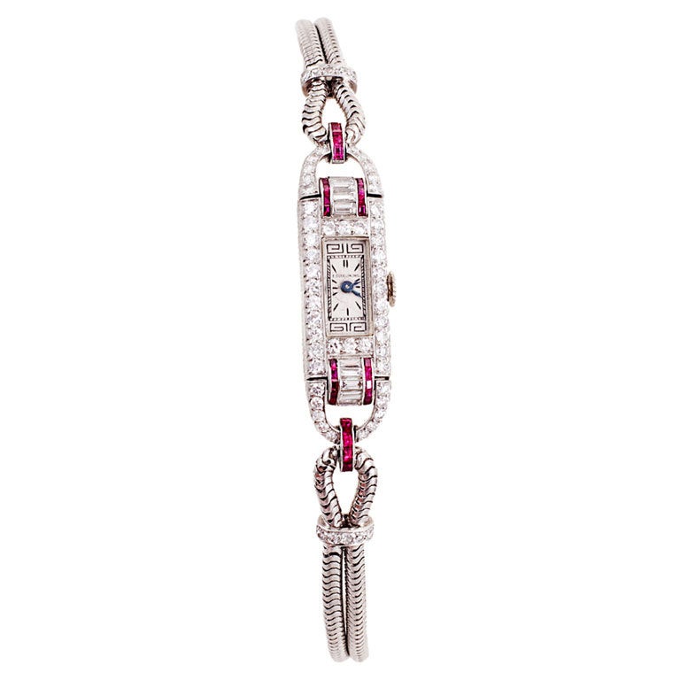 Gubelin Lady's Platinum, Diamond and Ruby Wristwatch For Sale