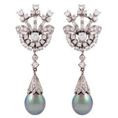 Vintage Tahitian Pearl Diamond Platinum Earrings