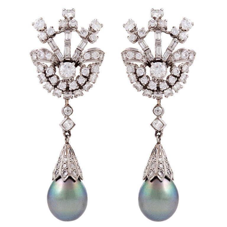 Tahitian Pearl Diamond Platinum Earrings