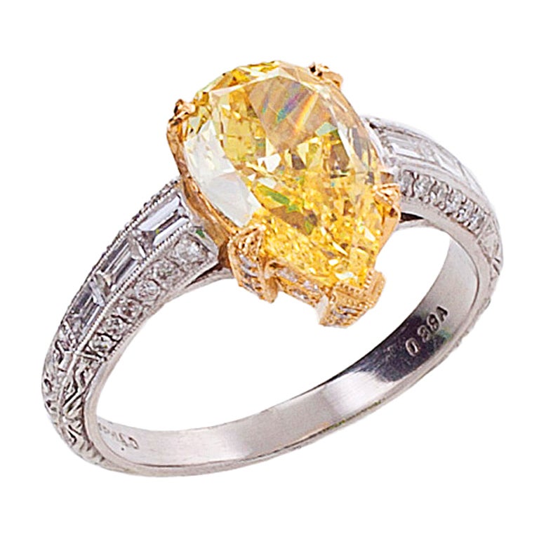 Fancy Intense Yellow and White Diamond Gold Platinum Ring For Sale at 1stdibs
