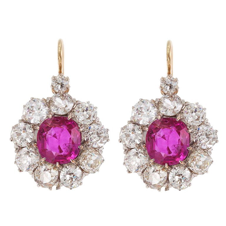 Victorian Ruby, Diamond, Gold & Silver Earrings For Sale