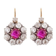 Victorian Ruby Silver Diamond Gold Rosette Earrings