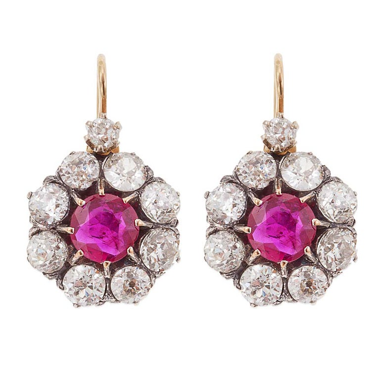 Victorian Ruby Silver Diamond Gold Rosette Earrings For Sale