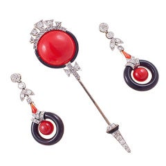 Antique Art Deco Blood Coral Onyx Diamond Platinum Brooch and Earrings