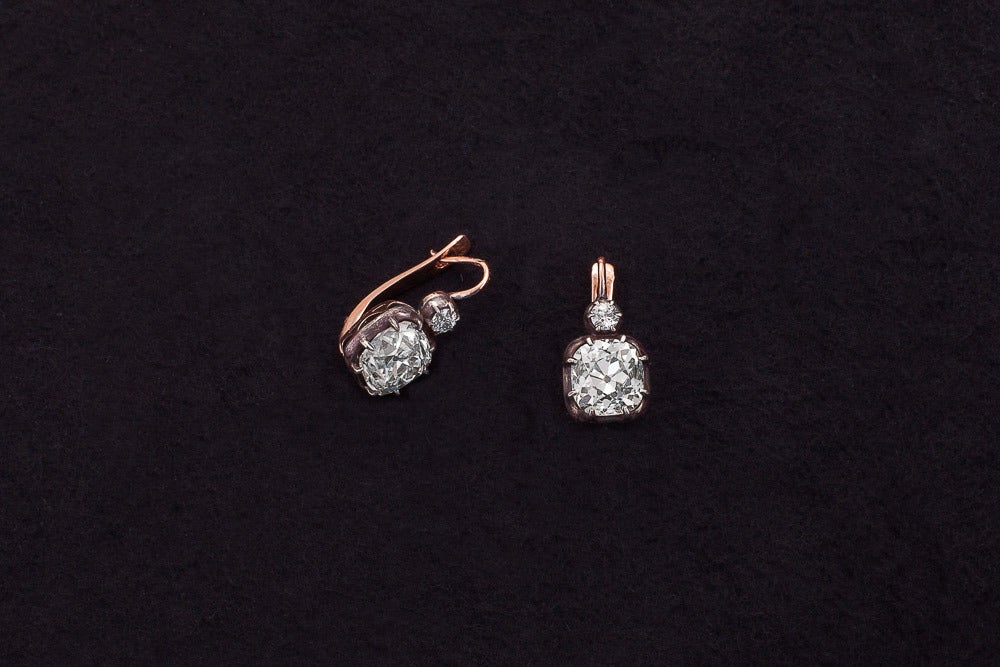 Victorian Diamond Silver Gold Two-Stone Earrings In Excellent Condition In Calabasas, CA
