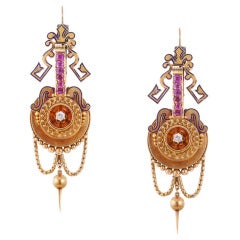 Etruscan Revival Ruby Diamond Gold Pendant Earrings