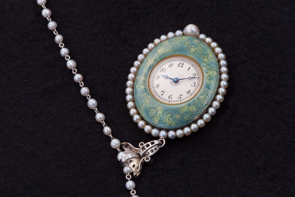 Verger Edwardian Gold Platinum Hand-Painted Enamel Pearl Diamond Pendant Watch In Excellent Condition For Sale In Calabasas, CA