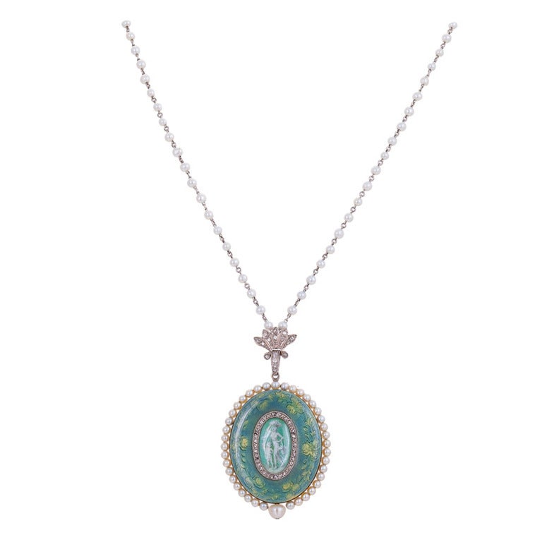 Verger pendant watch and chain. The front of the platinum pendant watch centers an oval painting depicting a semi-nude woman with a basket and a child carrying a bouquet of flowers, painting signed PAILLET. It is ringed by bead-set rose-cut diamonds