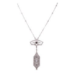 Art Deco Onyx Diamond Platinum Pendant Watch and Chain 2