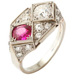 ART DECO Ruby and Diamond Two Stone Ring