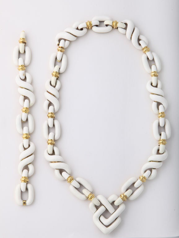 DAVID WEBB White Enamel Necklace and Bracelet Set C1970