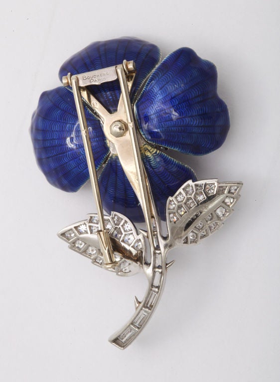 BOUCHERON Paris Blue Enamel and Diamond Flower Pin
