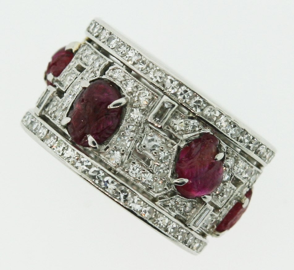 Art Deco Carved Ruby Diamond Band