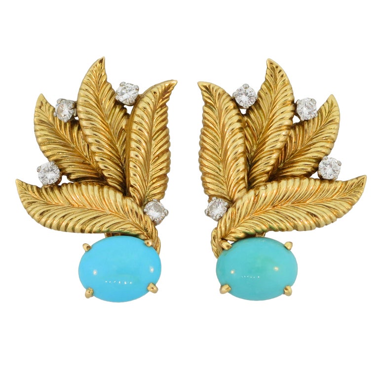 Persian Turquoise and Diamond Earrings For Sale