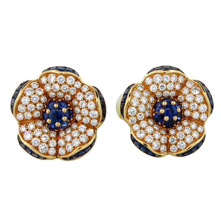 VAN CLEEF AND ARPELS Diamond and Sapphire Ear Clips For Sale