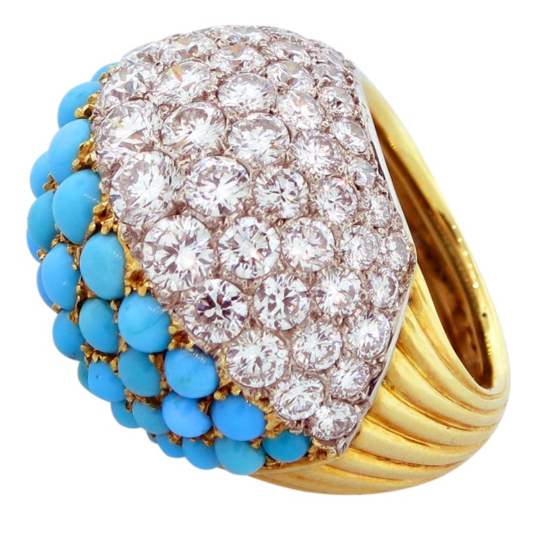 CARTIER PARIS Diamond and Turquoise Dome Ring For Sale