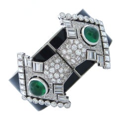 1930's Diamond Emerald Detachable Clips on a Black Enamel Bangle