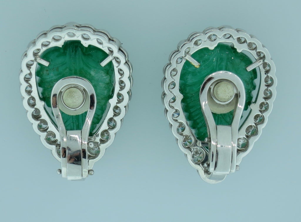 Carved Emerald and Diamond Earrings