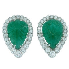 Carved Emerald and Diamond Earrings