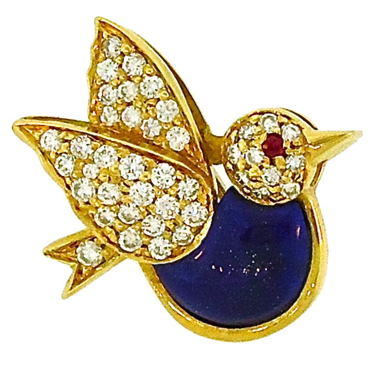 Lapis and Diamond Bird Pin For Sale