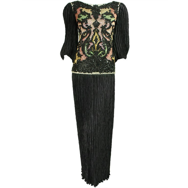 1980's Mary McFadden Beaded Black Gown For Sale