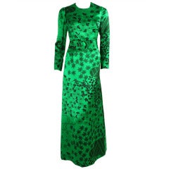 Vintage Hanae Mori Couture Emerald Green Satin Gown and Cape