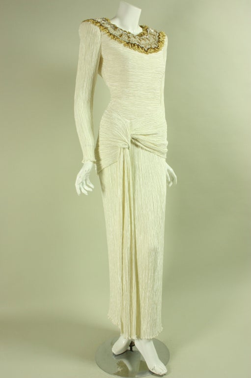 Beige Mary McFadden Couture Pleated Ivory Gown