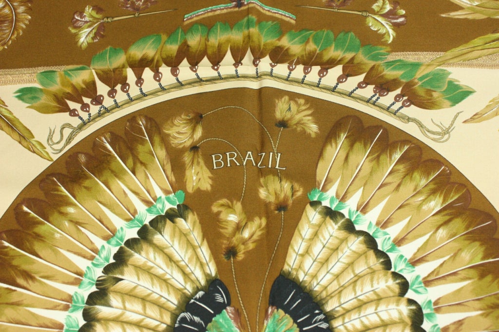 Title: Brazil
Artist: Laurence Bourthoumieux
Year of First Issue: 1988
Authentic Hermès carré is made of pure silk with hand-rolled edges.
MEASUREMENTS: 90 cm x 90 cm (35 in x 35 in)