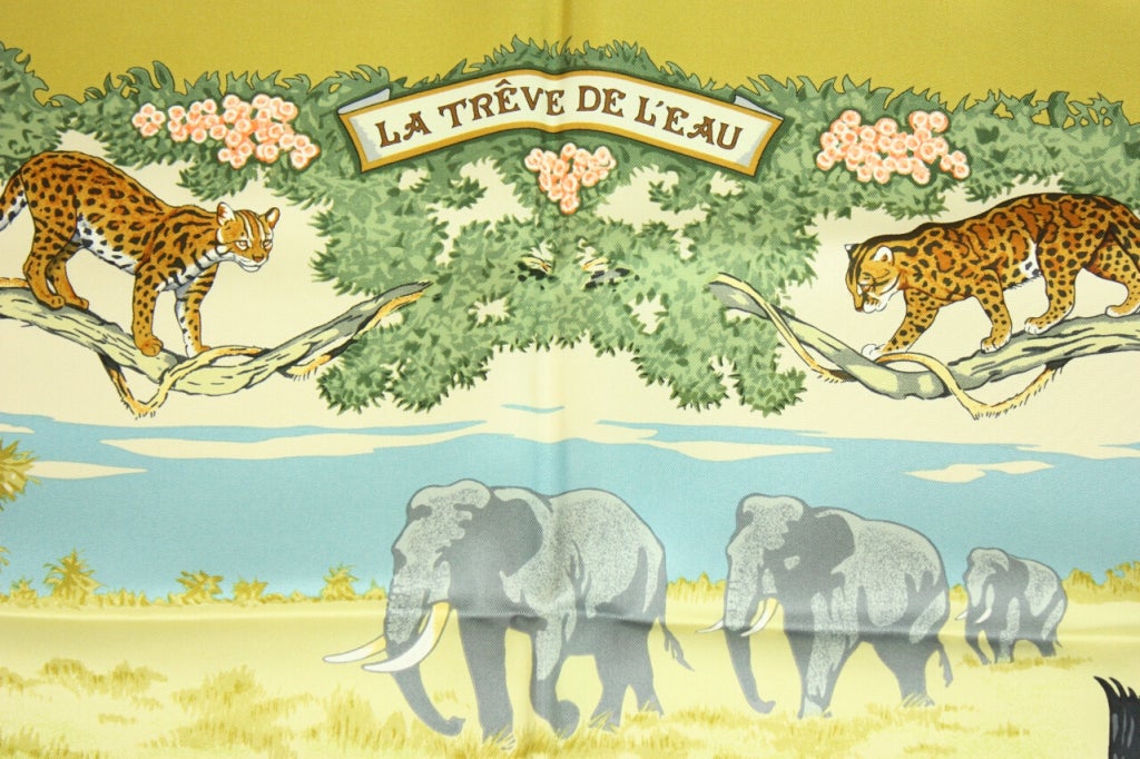 Title: La Trêve de l'Eau
Artist: Robert Dallet
Year of First Issue: 2005
Authentic Hermès carré is made of pure silk with hand-rolled edges.  
MEASUREMENTS: 90 cm x 90 cm (35 in x 35 in)