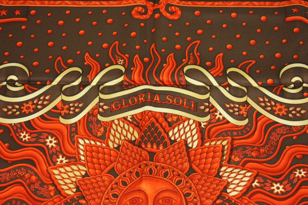 Title: Gloria Soli (Carpe Diem)
Artist: Joachim Metz
Year of First Issue: 1994
Authentic Hermès carré is made of pure silk with hand-rolled edges. 
MEASUREMENTS: 90 cm x 90 cm (35 in x 35 in)