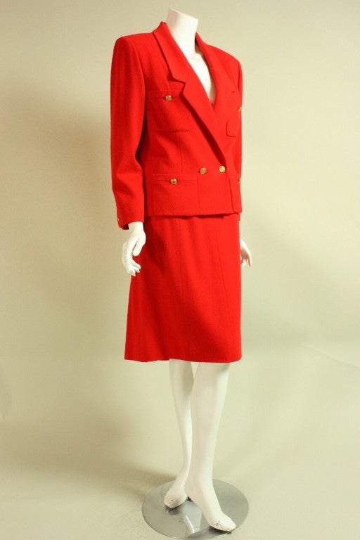 Chanel Red Double-Breasted Skirt Suit In Excellent Condition For Sale In Los Angeles, CA